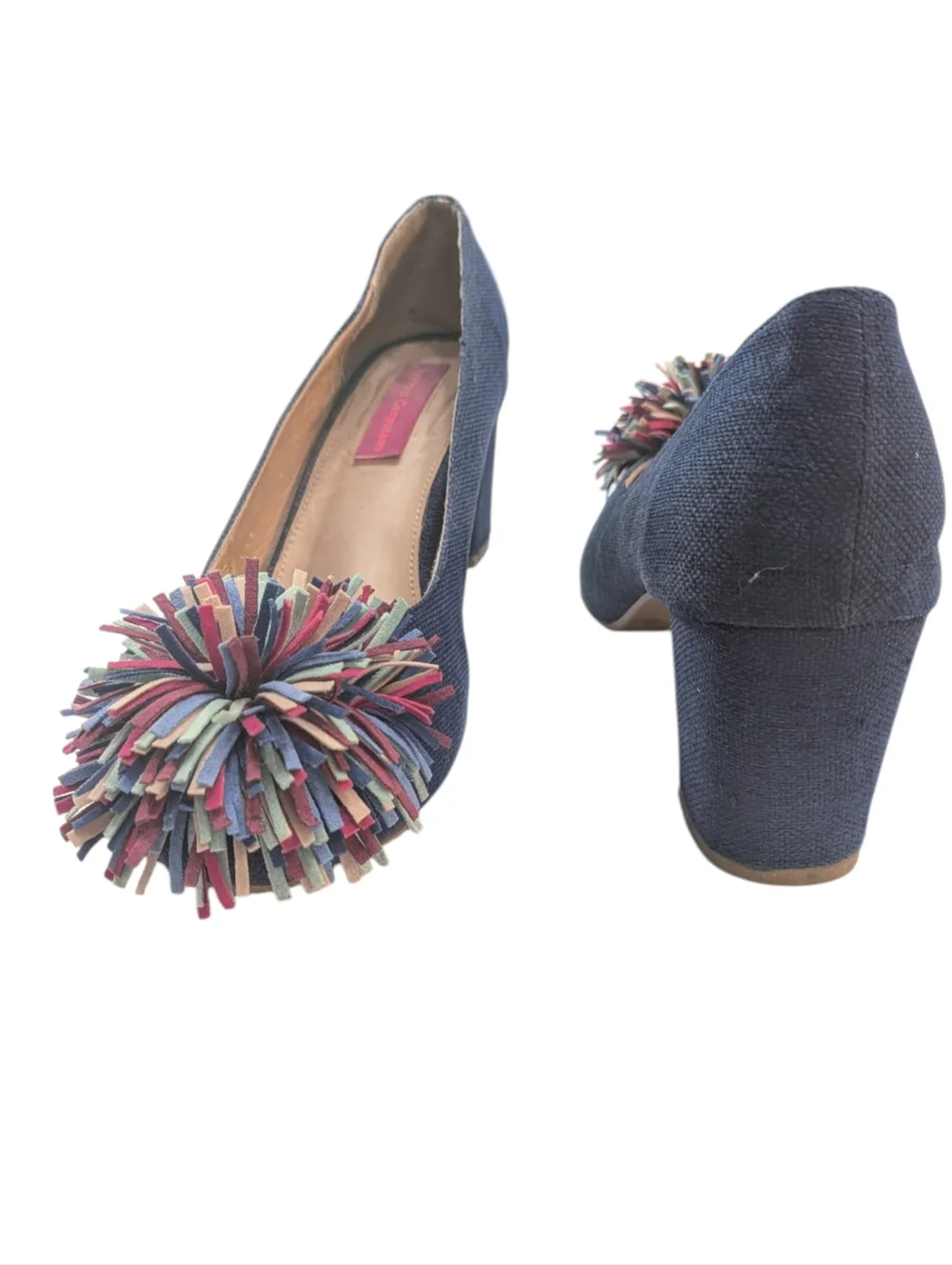Boho Chunky Block Heels Blue Pom Poms Fringe 70s Retro Statement Piece Size 9